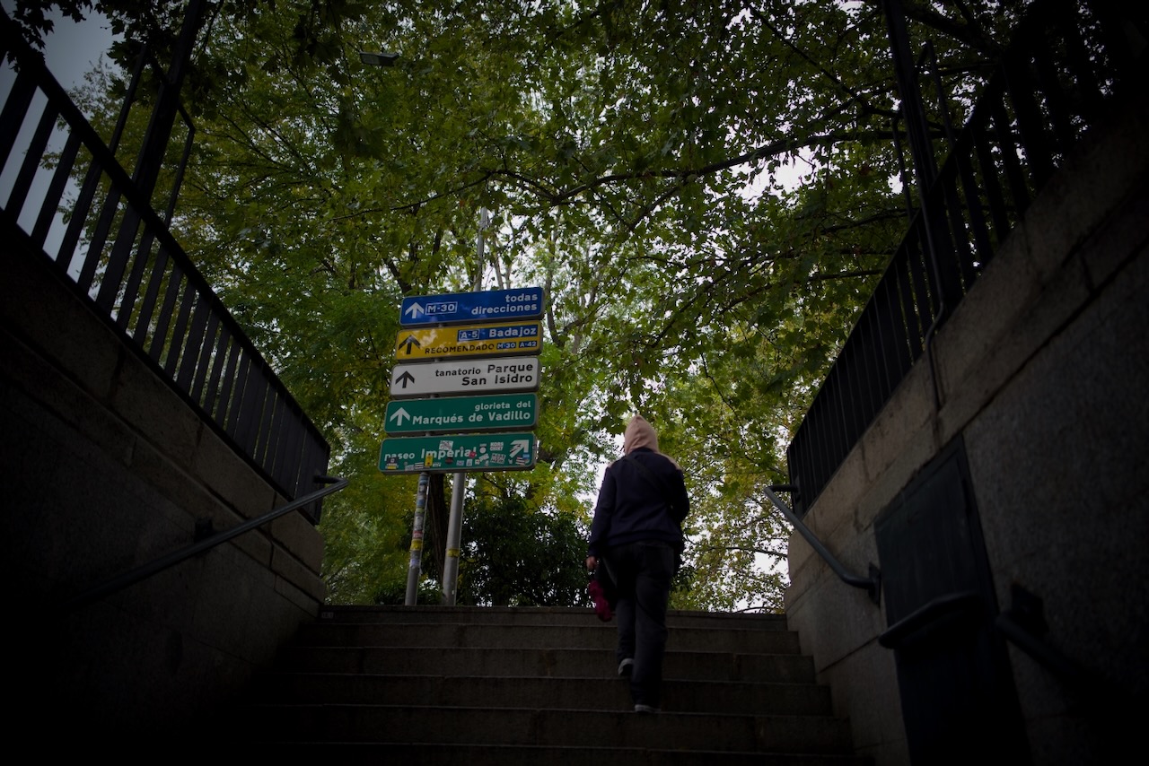 A person walking up stairs under trees, following directional signs.